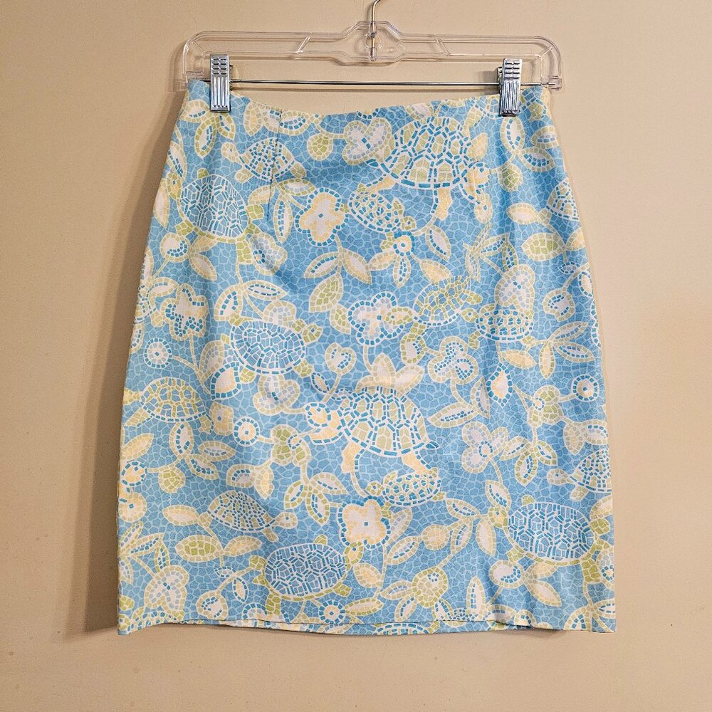 Women's Talbots Petites Pencil Skirt Blue Green Sea Turtles‎ Mosaic Size 8